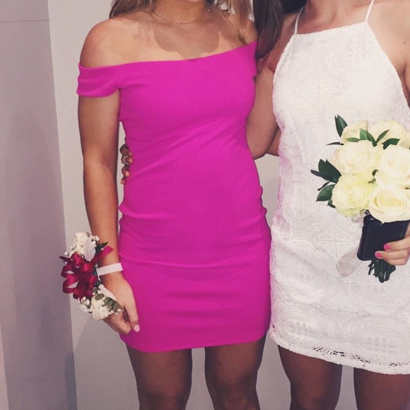 bright pink off the shoulder dress